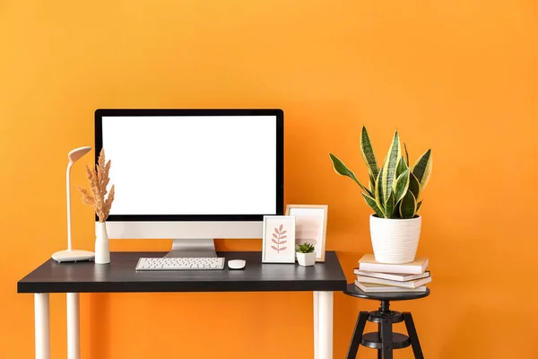 Stylish Workplace Modern Computer Lamp Houseplants Color Wall — Stock Photo, Image