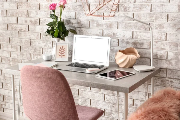 Workplace Modern Laptop Tablet Computer Stylish Decor Light Brick Wall — ストック写真
