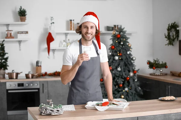 Young Man Santa Hat Glass Milk Christmas Cookies Home — Stock Photo, Image