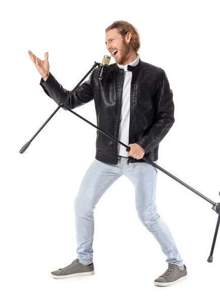 Handsome Young Man Singing Microphone Isolated White — Stock Photo, Image