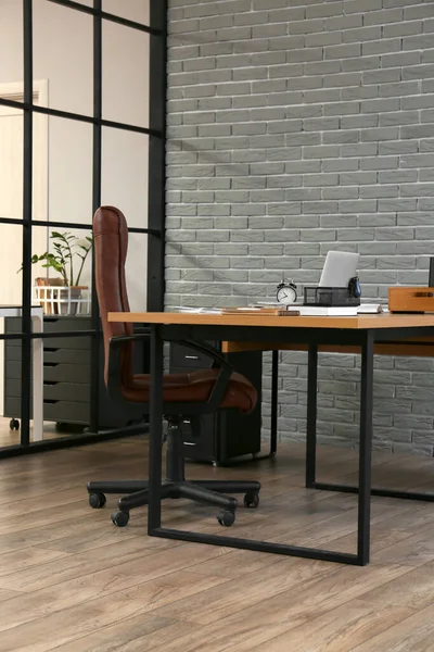Comfortable Workplace Grey Brick Wall Office Interior — Stock Photo, Image
