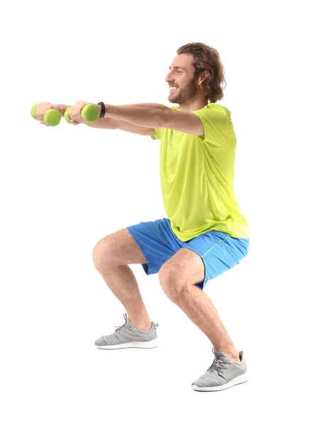 Sporty Man Dumbbells Doing Squats White Background — Stock Photo, Image