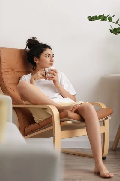 Young Barefoot Woman Cup Tea Sitting Armchair Home — ストック写真