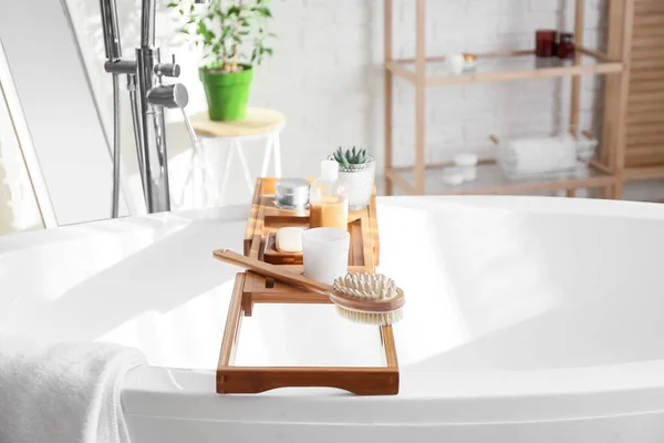 Wooden Bathtub Tray Different Supplies Cosmetic Products Light Bathroom —  Fotos de Stock