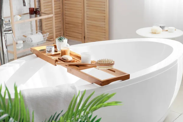 Wooden Bathtub Tray Different Supplies Cosmetic Products Light Bathroom — Photo