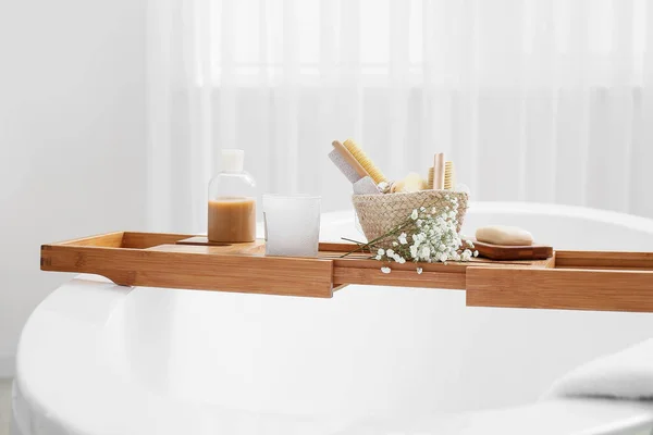 Bathtub Tray Different Supplies Gypsophila Flowers — Foto de Stock