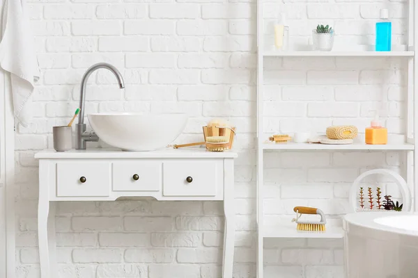 Table Modern Sink Shelf Unit Different Bath Supplies White Brick — Stock Photo, Image