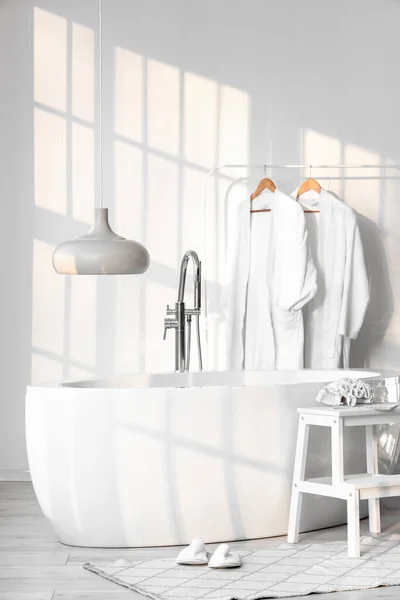 Stylish Bathtub Rack Bathrobes Mirror Stepladder Stool Room Interior — ストック写真