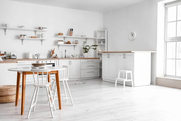 Stylish Interior Light Kitchen Dining Table — Stock Photo, Image