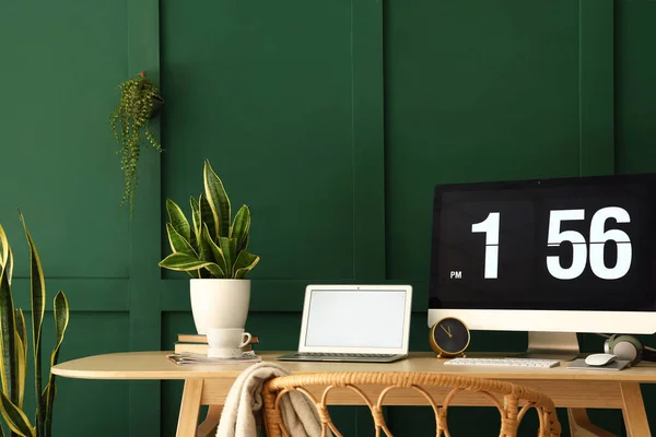 Workplace Modern Computer Laptop Houseplants Green Wall —  Fotos de Stock