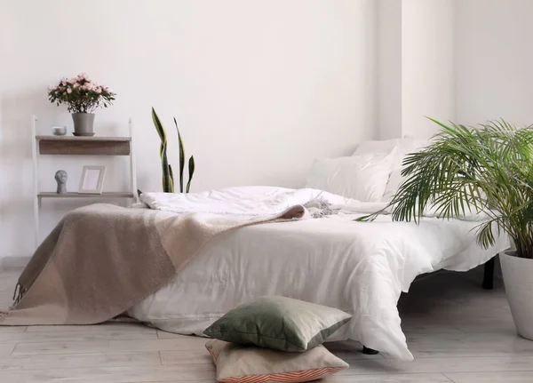 Interior Light Room Comfortable Bed Houseplants — Stock Photo, Image