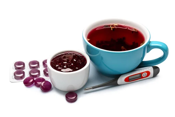 Cup Tea Jam Thermometer Pills Sore Throat White Background — Stock Photo, Image