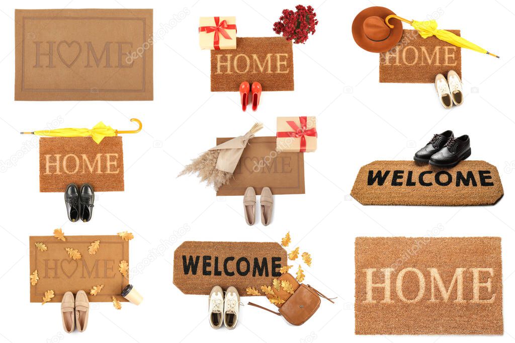 Set of doormats on white background