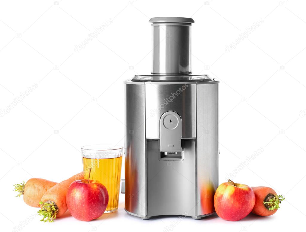 Modern juicer with fresh fruits on white background