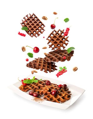 Beyaz arka planda çikolatalı waffle, böğürtlen ve fındık tabağı.