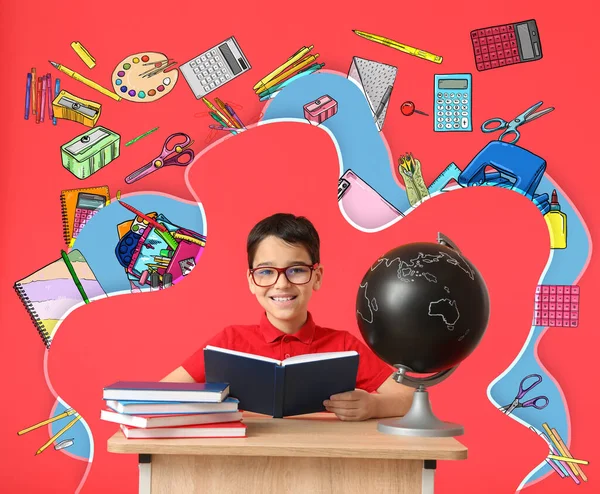 Cute Little Schoolboy Globe Desk Many Stationery Red Background — 스톡 사진