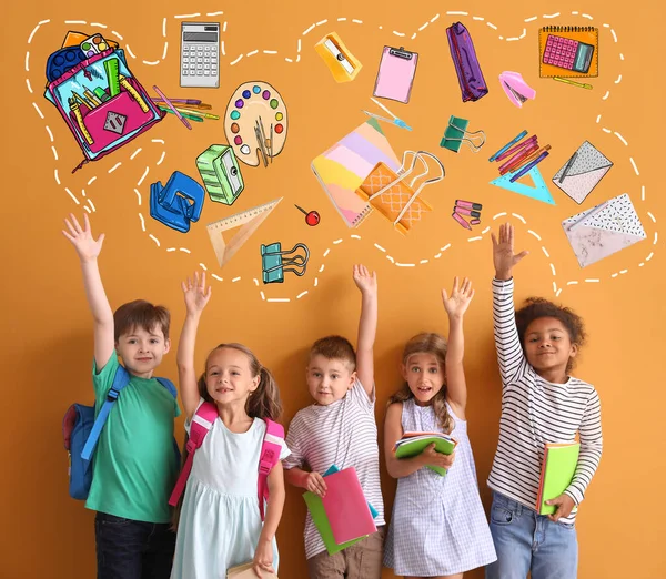 Many Schoolchildren Different Stationery Orange Background — Foto Stock