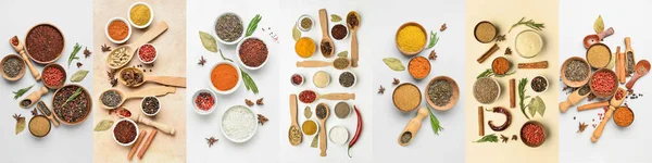 Assortment Aromatic Spices Light Background Top View — Stok fotoğraf