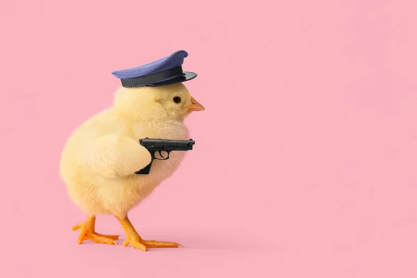 Funny Little Chick Policeman Hat Gun Pink Background — Stock Photo, Image