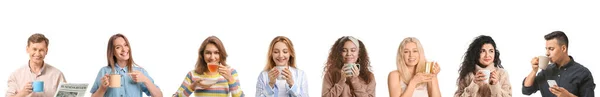 Set Van Verschillende Mensen Drinken Hete Zwarte Thee Geïsoleerd Wit — Stockfoto