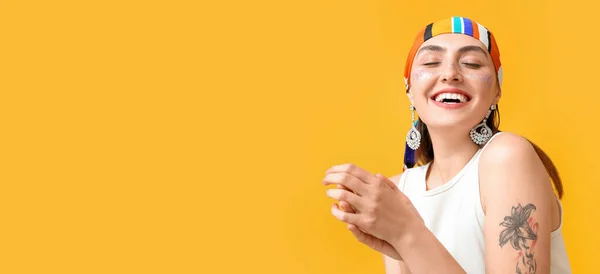 Happy Young Woman Glitters Her Face Yellow Background Space Text — Photo