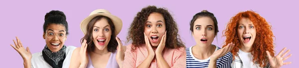 Collage Con Mujeres Bastante Sorprendidas Sobre Fondo Lila — Foto de Stock