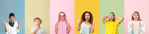 Collage Med Många Överraskade Människor Färgglada Bakgrund — Stockfoto