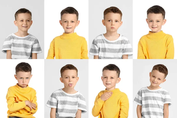 Set Van Kleine Jongen Tonen Verschillende Emoties Lichte Achtergrond — Stockfoto