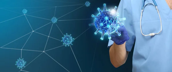 Male Doctor Touching Picture Coronavirus Virtual Screen Blue Background — ストック写真