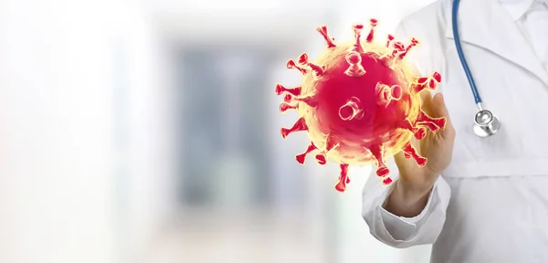 Female Doctor Touching Picture Coronavirus Virtual Screen Blurred Background — Stock Photo, Image