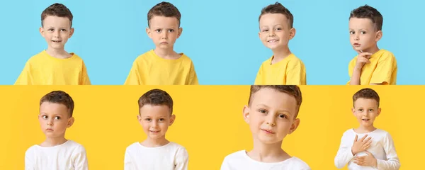 Conjunto Menino Mostrando Emoções Diferentes Fundo Amarelo Azul — Fotografia de Stock