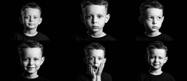 Набор Маленьких Мальчиков Показывающих Разные Эмоции Черном Фоне — стоковое фото