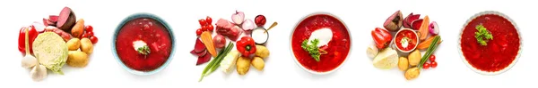 Bowls Tasty Ukrainian Borscht Ingredients White Background —  Fotos de Stock