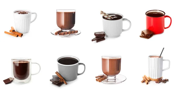 Set Van Lekkere Warme Chocolademelk Witte Achtergrond — Stockfoto
