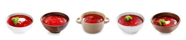 Set Tasty Ukrainian Borscht White Background — Foto Stock