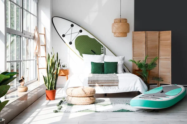 Stylish Interior Bedroom Boards Sup Surfing Light Wall — Photo