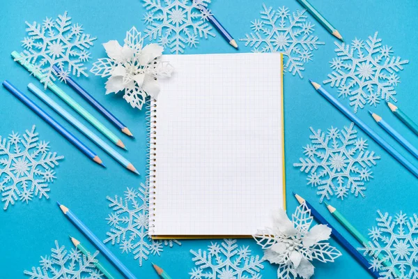 Composition Blank Notebook Pencils Christmas Decor Color Background — Stock Photo, Image