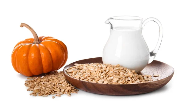 Jug Milk Oatmeal Flakes Fresh Pumpkin White Background — Stock Photo, Image