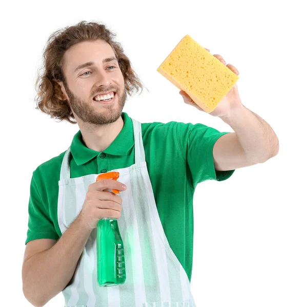Young Worker Cleaning Service Cleaning Sponge Detergent White Background — Stock Photo, Image