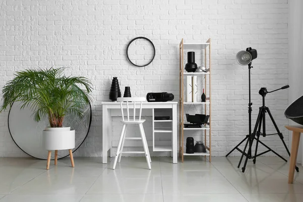 Workplace Different Equipment White Brick Wall Interior Modern Photo Studio — Stock Photo, Image