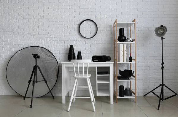 Workplace Shelf Unit Different Equipment Modern Photo Studio Interior — ストック写真
