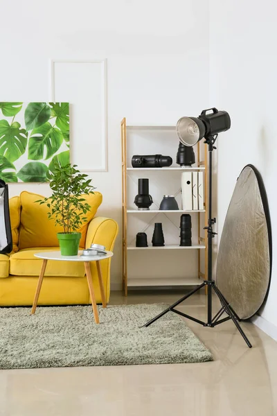 Comfortable Sofa Shelf Unit Modern Equipment Light Wall Photo Studio — Stock Photo, Image