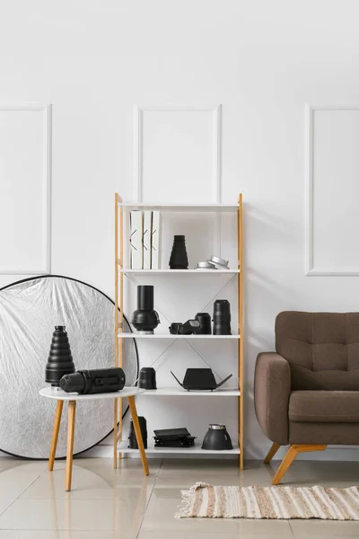 Shelf Unit Different Modern Equipment Light Wall Photo Studio Interior — ストック写真
