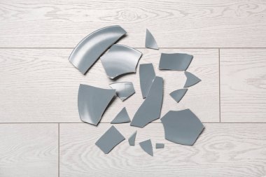 Açık ahşap zemin üzerinde kırık seramik tabak