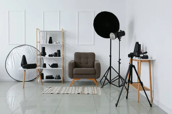 Interior Photo Studio Armchair Shelf Unit Different Modern Equipment Light — Stock Photo, Image
