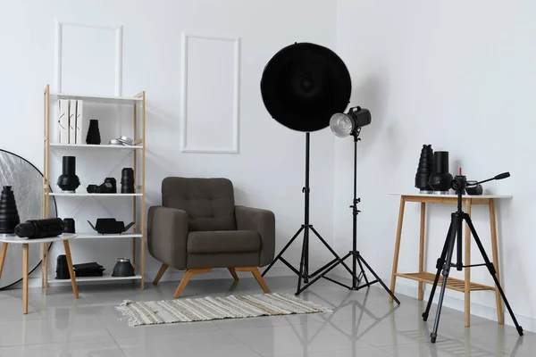 Interior Light Photo Studio Armchair Shelf Unit Different Modern Equipment — Stock Photo, Image