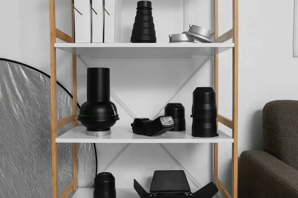 Shelf Unit Different Modern Equipment Photo Studio Light Wall — ストック写真