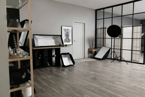 Different Professional Equipment Stylish Photo Studio Interior — ストック写真