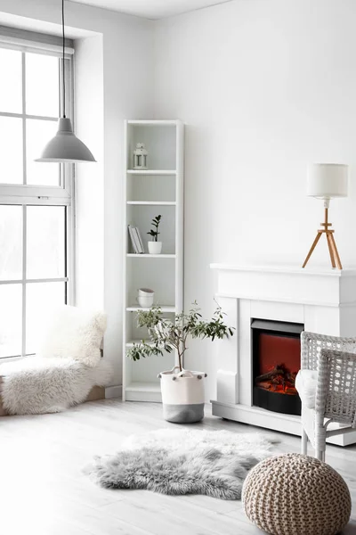 Stylish Interior Light Room Fireplace Shelf Unit White Wall — ストック写真