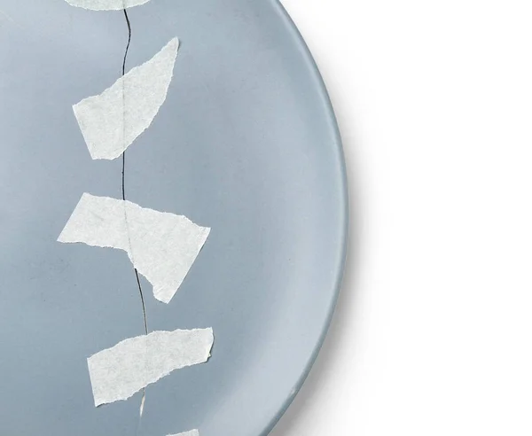 Broken Ceramic Plate Adhesive Tape White Background Closeup — Stock Photo, Image